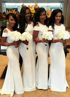 White Mermaid Bridesmaid Dresses | Simple Capped Sleeves Wedding Party Dress_1