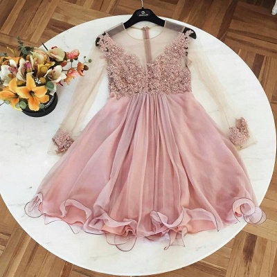 Pink Long Sleeves A-Line Cocktail Dresses | Jewel Lace Appliques Short Party Dresses BC1110_3