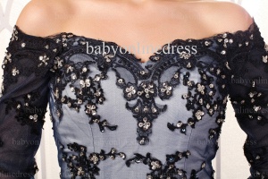 2021 Wholesale Sexy Cocktail Dresses Long Sleeves Off-the-Shoulder Beadings Black Lace Short Dress BO0663_2