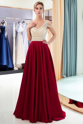 Shiny Beading A-Line Evening Dresses | V-Neck Cold Shoulder Long Prom Dresses_3