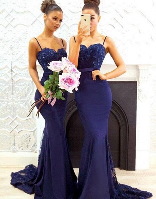 Elegant Dark Navy Bridesmaid Dresses | Spaghettis Straps Lace Prom Dresses_4