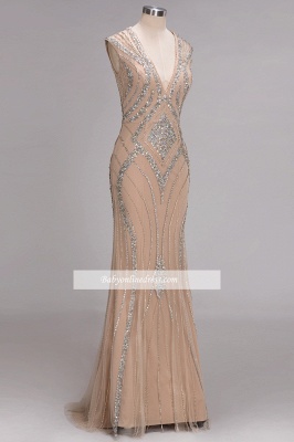 Mermaid Sleeveless Gorgeous Long V-Neck Crystal Beadings Prom Dress_2