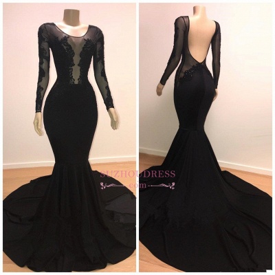 Elegant Long Sleeves Scoop Black Prom Dresses | Lace-Appliques Mermaid Evening Gowns BC0872_1