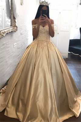 Elegant Gold Ball Gown Prom Dresses | Off-the-Shoulder Party Dresses_1