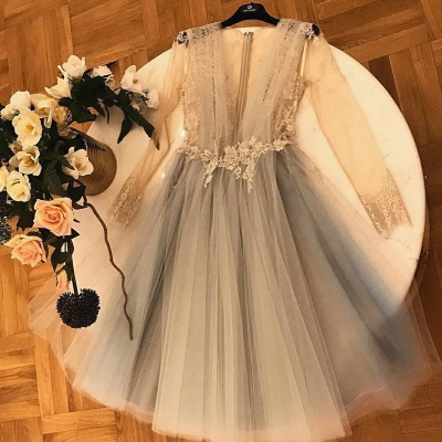 Chic A-Line Tulle Homecoming Dresses | V-Neck Long Sleeves Lace Applique Cocktail Dresses_3
