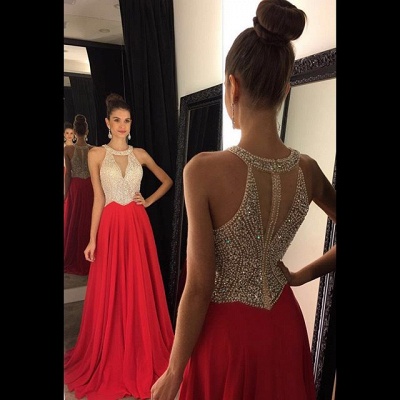 2021 Red Chiffon Prom Dresses Halter V Neck Sleeveless Beading Long A-line Evening Gowns_4