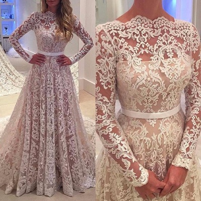 Bowknot Long-Sleeves A-Line Backless Lace Elegant Wedding Dresses_3