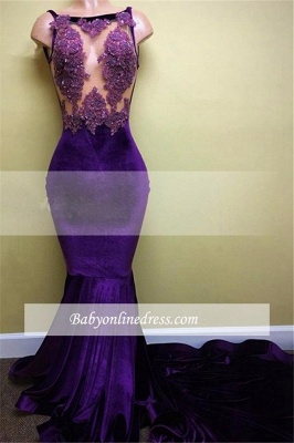 Elegant Sleeveless Appliques Mermaid Velvet Prom Dress_2