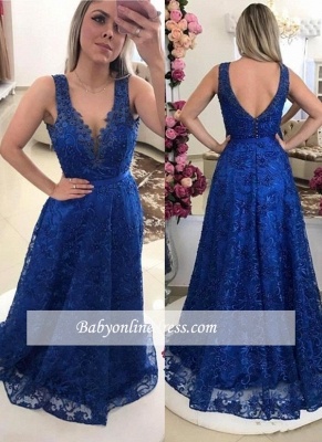 V-Neck Lace Royal-Blue Pearls A-line Prom Dresses_3
