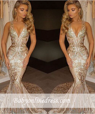 V-neck Mermaid Sleeveless Champagne Sexy Sequins Deep Gold Evening Gown_3