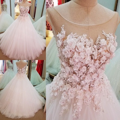 Cap Sleeves Flowers Lace-Up Ball-Gown Luxury Wedding Dresses_3