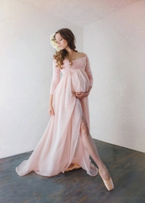 Off-The-Shoulder Pink Pregnant Dresses | Sexy Side-Slit Chiffon A-Line Maternity Evening Dresses_3