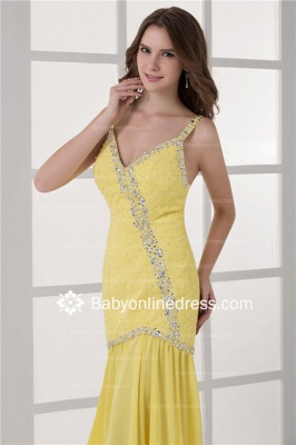 Yellow Straps Sequins Prom Gowns 2021 Mermaid Side Slit Evening Dresses_1