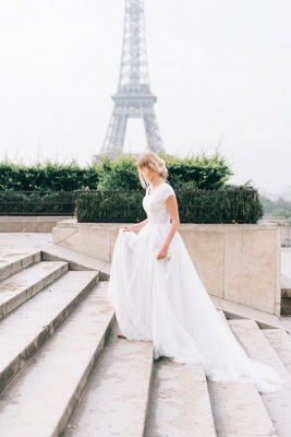 Cap-Sleeve A-line White V-Neck Romantic Lace Wedding Dresses_3