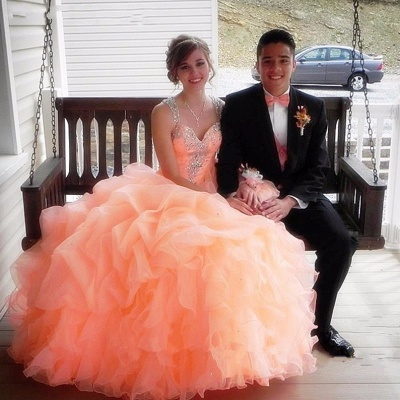 2021 Coral Quinceanera Dresses Crystals Ruffles Layered Ball Gown Sweet 16 Dresses_4