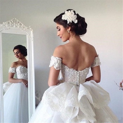 2021 Ball Gown Wedding Dresses Sweetheart Off the Shoulder Short Sleeves with Ruffles Back Bridal Gowns_5