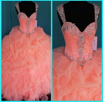 2021 Coral Quinceanera Dresses Crystals Ruffles Layered Ball Gown Sweet 16 Dresses_3