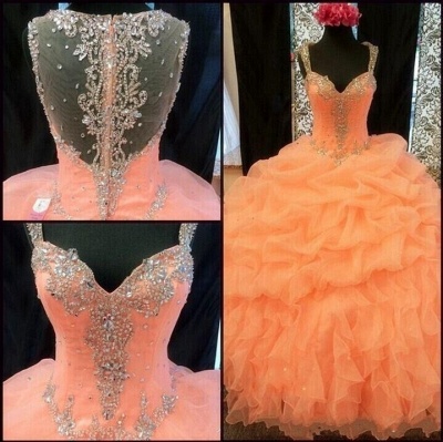 2021 Coral Quinceanera Dresses Crystals Ruffles Layered Ball Gown Sweet 16 Dresses_2