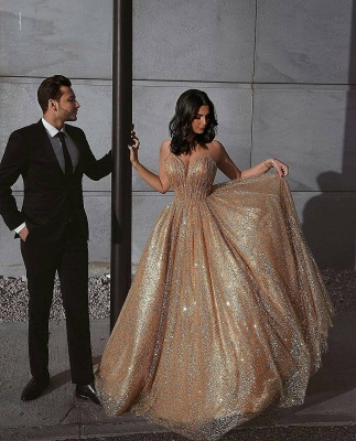 Sparkly Gold Sequin Prom Dresses | Spaghetti Straps Formal Dresses_4