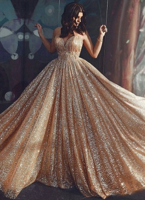 Sparkly Gold Sequin Prom Dresses | Spaghetti Straps Formal Dresses_1