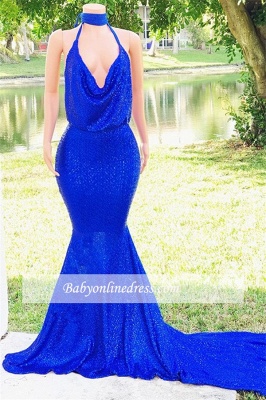 Shiny Halter Sleeveless Royal-Blue Prom Dresses | Sequins Mermaid 2021 Long Evening Gowns_4