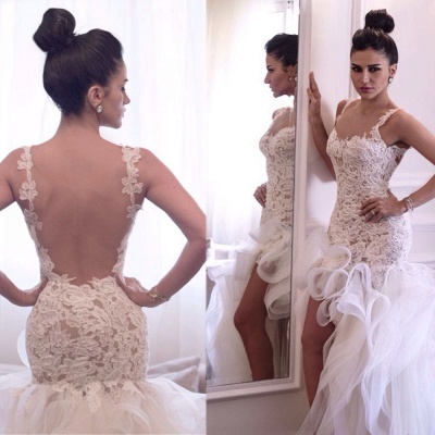 2021 Hi-lo Mermaid Beach Wedding Dresses Straps Open Back Lace Ruffles Train Sexy Bridal Gowns_4