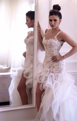 2021 Hi-lo Mermaid Beach Wedding Dresses Straps Open Back Lace Ruffles Train Sexy Bridal Gowns_1