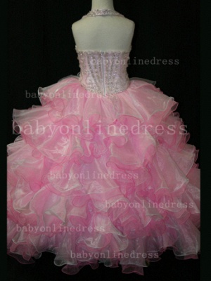Hot Sale Pageant Girls Dresses Halter Beaded Organza Pink Gowns LR652_3