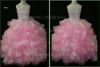 Hot Sale Pageant Girls Dresses Halter Beaded Organza Pink Gowns LR652_2
