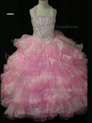 Hot Sale Pageant Girls Dresses Halter Beaded Organza Pink Gowns LR652_1