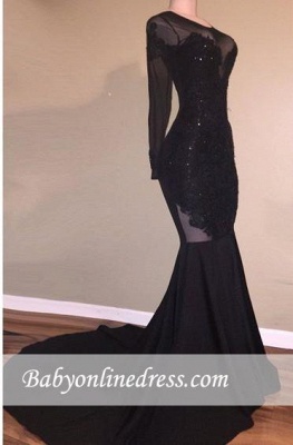 Sexy Long-Sleeves Black Backless Appliques Mermaid Prom Dress_3