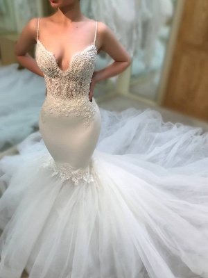 Sexy Tulle Mermaid Wedding Dresses | Spaghetti Straps Lace Applique Bridal Gowns_1