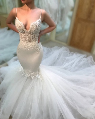 Sexy Tulle Mermaid Wedding Dresses | Spaghetti Straps Lace Applique Bridal Gowns_2