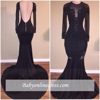 Sexy Long-Sleeves Black Backless Appliques Mermaid Prom Dress_1