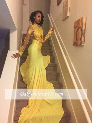 Mermaid High-Neck Long-Sleeve Lace Yellow Appliques Beautiful Prom Dress_3