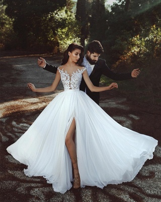 Summer Chiffon A-line Wedding Dresses | Capped Sleeves Lace Appliques Slit Bridal Gowns_4