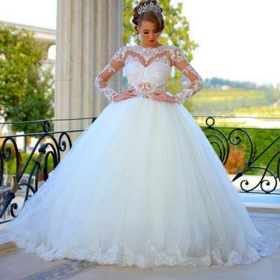 2021 Long Sleeves Ball Gown Wedding Dresses Sheer Lace Puffy Princess Bridal Gowns_1