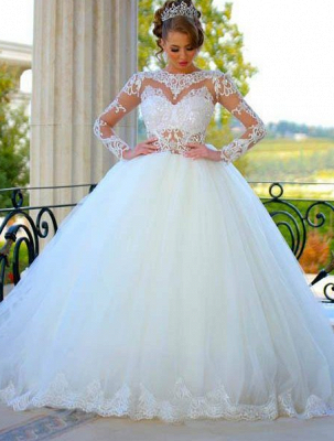 2021 Long Sleeves Ball Gown Wedding Dresses Sheer Lace Puffy Princess Bridal Gowns_2