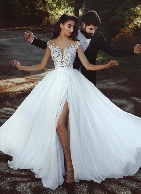 Summer Chiffon A-line Wedding Dresses | Capped Sleeves Lace Appliques Slit Bridal Gowns_1