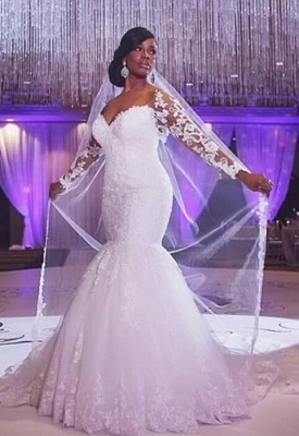 Lace Long Sleeves Mermaid Wedding Dresses Beaded Illusion Court Train Sexy Bridal Gowns_3