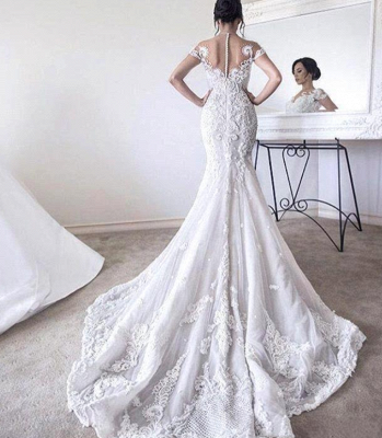Gorgeous Mermaid Wedding Dresses | Short Sleeves Beading Ball Gown Bridal Gowns_2