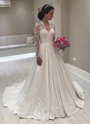 Luxury Lace Puffy Wedding Dresses | V-Neck Long Sleeves A-Line Bridal Gowns_1