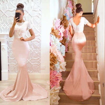 Pink Short Sleeves Bridesmaid Dresses | Lace Mermaid Maid of the Honor Dress_1