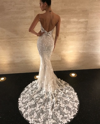 Spaghetti Straps Mermaid Wedding Dresses | Flowers Appliques Backless Bridal Gowns_2