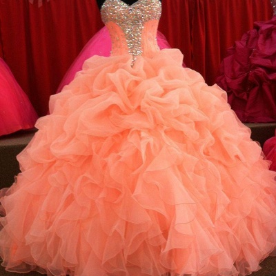 2021 Coral Quinceanera Dresses Ball Gown Sweetheart Neck Beaded Ruffles Gorgeous Sweet 16 Party Dresses_3