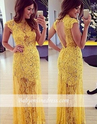Modern Yellow A-line Long Evening Gowns Sleeveless Lace High-Neck Prom Dress_3