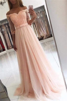 A-line Lace Off-the-shoulder Tulle Half-Sleeves Glamorous Prom Dresses_2