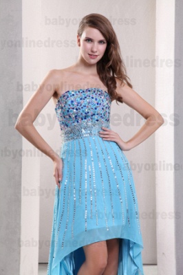Affordable Dresses For Prom Strapless Rhinestone Sequins Short Front Long Back Chiffon Dress DH003949_2