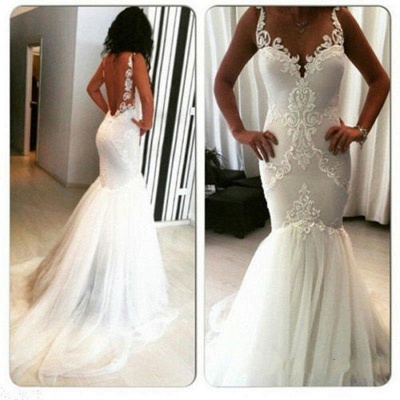 Straps Lace Appliques Backless Sexy Mermaid Wedding Dresses_4