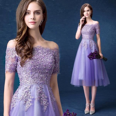2021 Off-the-Shoulder Tulle Appliques Homecoming Dresses Knee-Length with Beadings_5